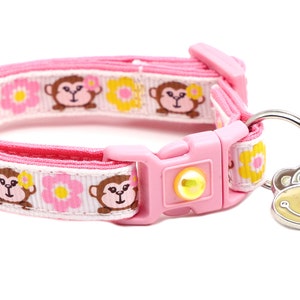 Monkey Cat Collar -Monkeys with Pink and Yellow Flowers - Breakaway Safety - B12D133