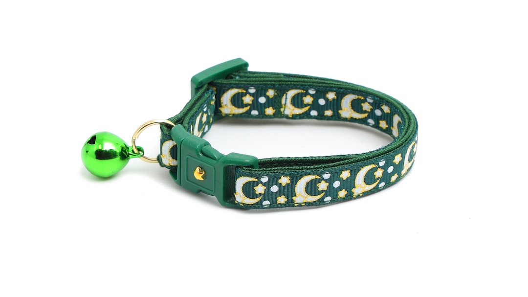 Moon Cat Collar Gold Moons and Stars on Dark Green Breakaway Cat Collar