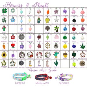 May include: A selection of flower and plant-themed charms, such as shamrocks, daisies, and leaves, displayed in a grid. The image also features a charm size guide with collars labeled Large (L), Medium (M), and Small (S).