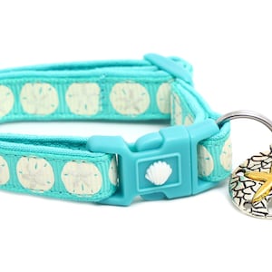 Beach Cat Collar - Sand Dollars on Aqua - Breakaway Safety - Nautical  B14D139