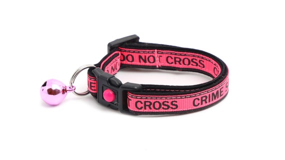 Trouble Maker Cat Collar - Crime Scene Do Not Cross on Fluorescent Pink- Safety Breakaway - B137D129
