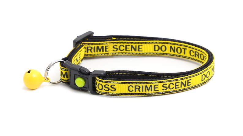 Op de afbeelding: Gele en zwarte kattenhalsband met een bel. De halsband heeft de tekst "Crime Scene Do Not Cross" erop gedrukt.