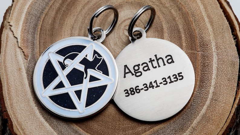 May include: A silver pet ID tag with a black cat silhouette inside a pentagram on one side and the name Agatha and phone number 386-341-3135 on the other side.
