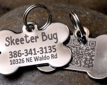 QR Code Stainless Steel (silver colored) Dog Bone ID tag - QR Pet Tag - PingTag Membership Included