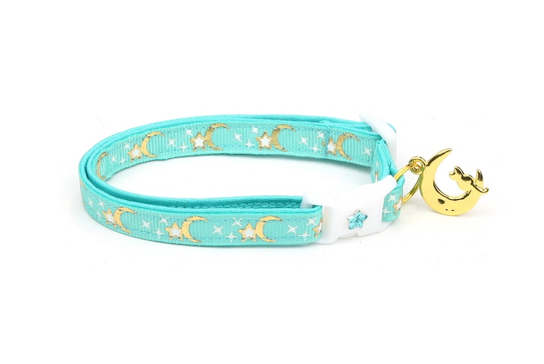 Moon Cat Collar Gold Moons and Stars on Aqua Breakaway Cat Etsy
