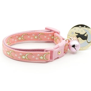 Moon Cat Collar Gold Moons and Stars on Coral Pink Breakaway Cat Collar Kitten or Large size Glow in the Dark B4D204 Blank Charm & Bell