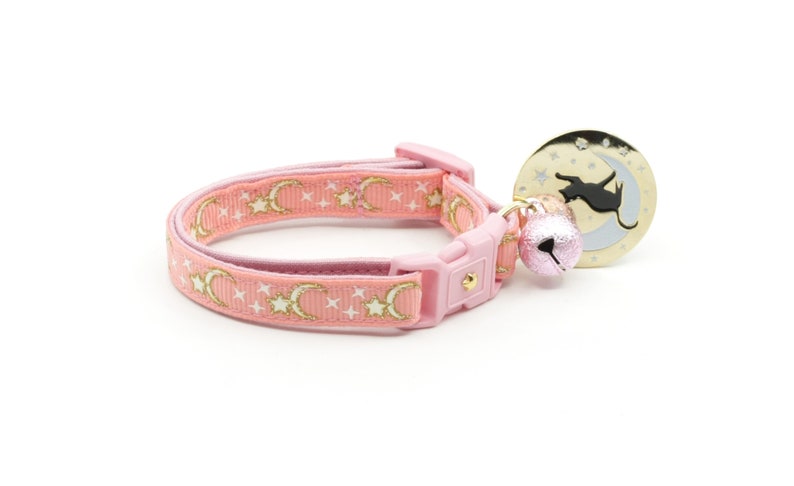 Moon Cat Collar Lunes dor et étoiles sur Corail Rose Collier de chat breakaway Chaton ou grande taille Glow in the Dark B4D204 Blank Charm & Bell