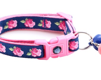 Floral Cat Collar - Pink Tea Party Roses on Navy Blue - Breakaway Safety - B124D43