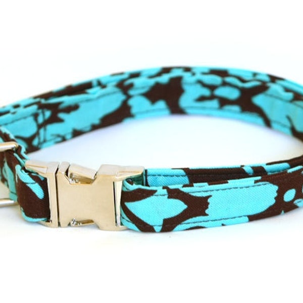 Dog Collar -  Turquoise and Brown Floral Damask  - Medium with METAL Clip