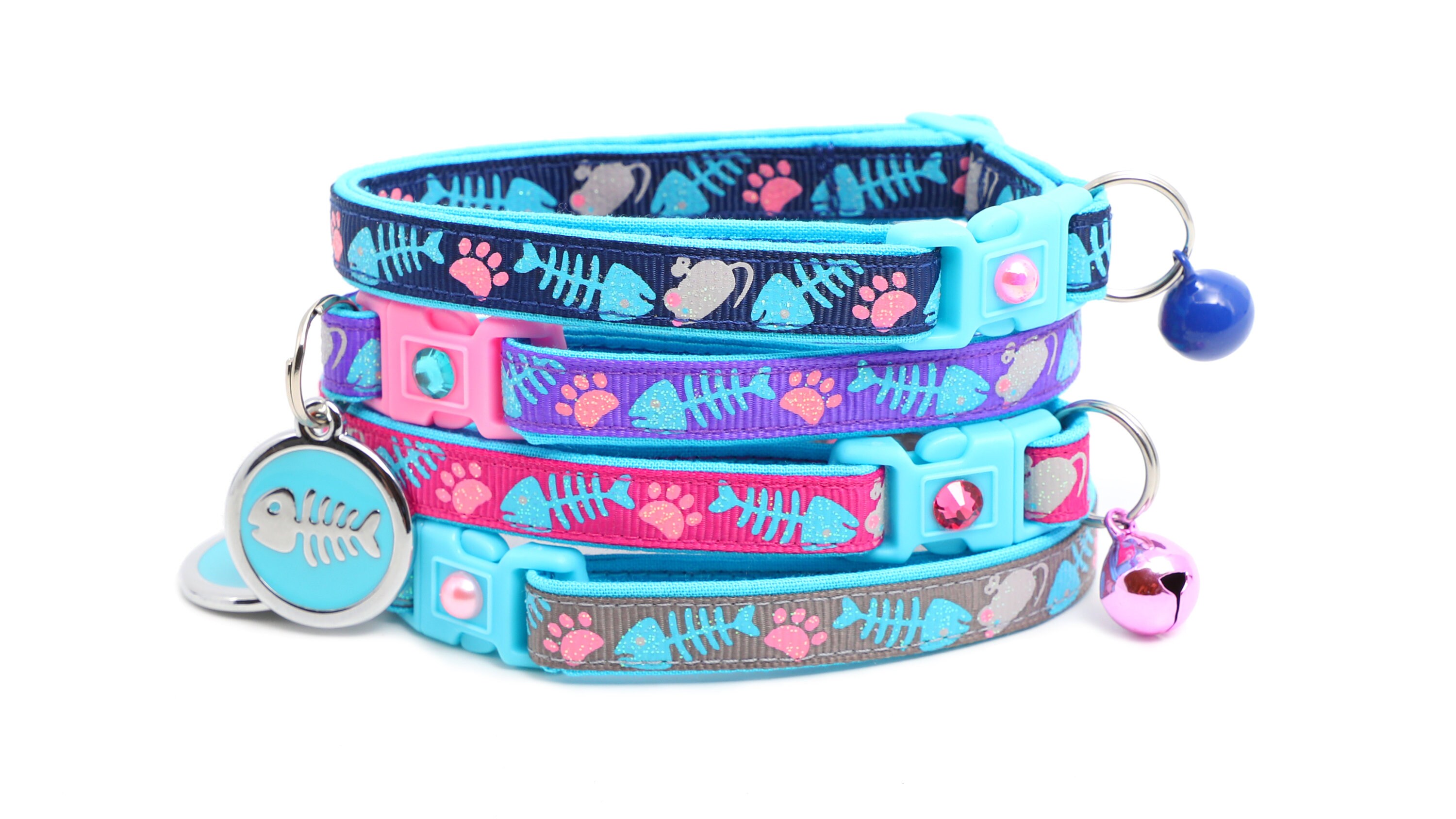 Paw Print Cat Collar - Kit & Caboodle on Navy - Breakaway Cat Collar ... - Paw Print Cat Collars With Names