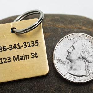 Back of the tag is all gold with deep engraved black text. There is a U.S. quarter included in the image for scale. The tag maybe 15 percent wider than the quarter.