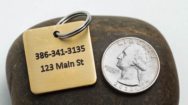 Back of the tag is all gold with deep engraved black text. There is a U.S. quarter included in the image for scale. The tag maybe 15 percent wider than the quarter.