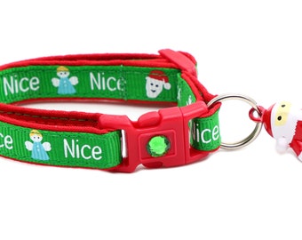 May include: Red and green Christmas-themed cat collar with a Santa Claus bell charm. The collar has the word "Nice" repeated four times and features images of angels.