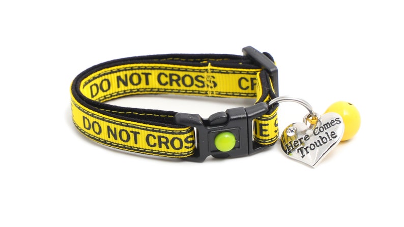 Op de afbeelding: Gele en zwarte hondenriem met de tekst "DO NOT CROSS" en een hartvormig label met de tekst "Here Comes Trouble".