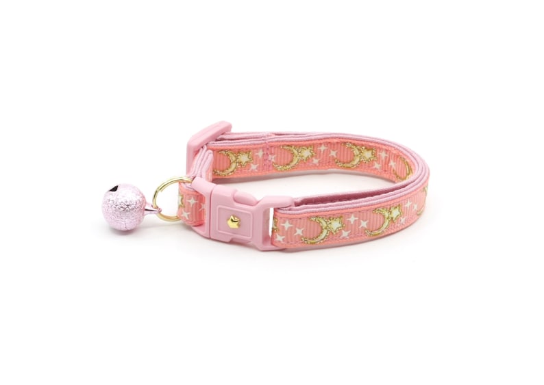 Moon Cat Collar Lunes dor et étoiles sur Corail Rose Collier de chat breakaway Chaton ou grande taille Glow in the Dark B4D204 Jingle Bell