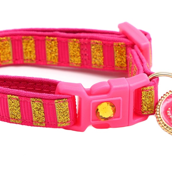 Gold Glitter Cat Collar -Wide Gold Glitter Stripes on Bright Pink -Breakaway Safety - B70D173