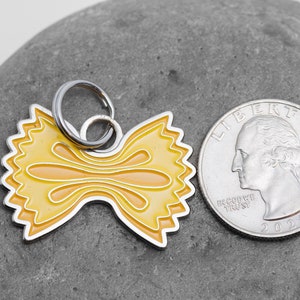 Pasta pet tag next to a US quarter for scale. The tag is roughly the same height as the quarter and roughly 30 percent wider.