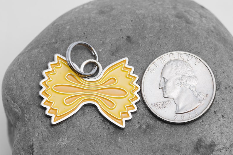 Pasta pet tag next to a US quarter for scale. The tag is roughly the same height as the quarter and roughly 30 percent wider.