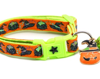 Halloween Cat Collar -Witches Brew on Orange and Green - Breakaway Safety - B14D111