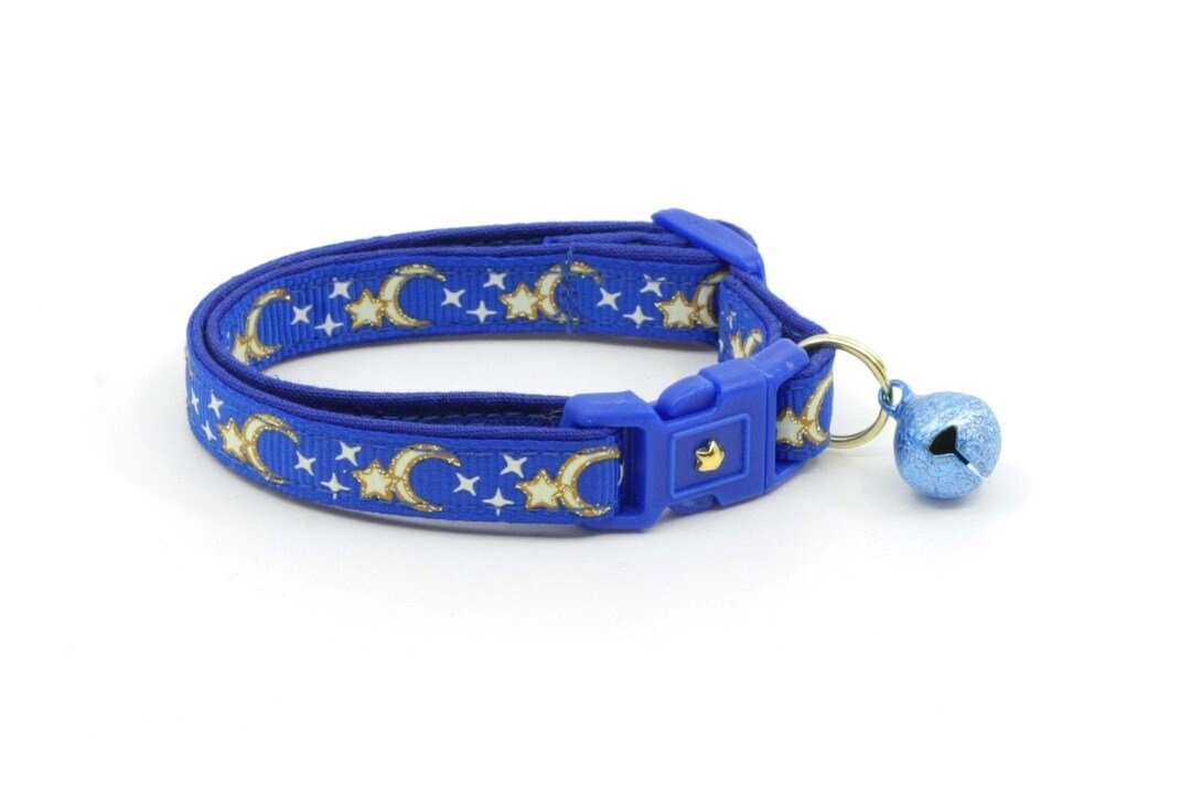 Moon Cat Collar Gold Moons and Stars on Royal Blue Breakaway Cat Collar Kitten or Large Size