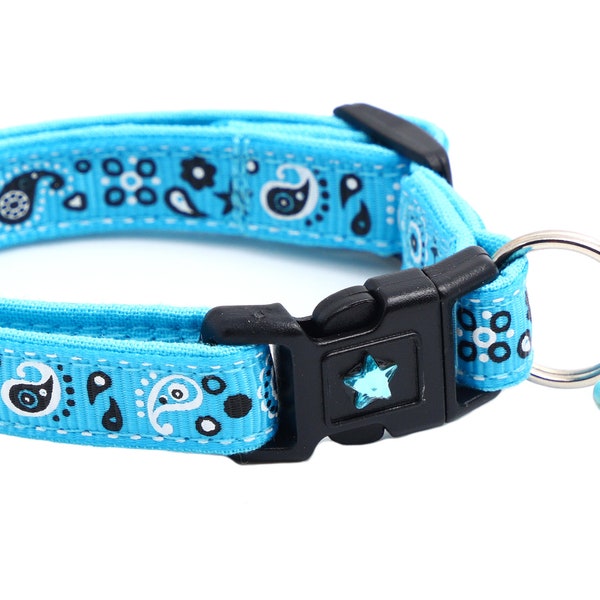 Bandana Cat Collar - Light Blue Bandana Paisley - Safety Breakaway - Cowboy - Western B63D98