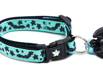 Halloween Cat Collar - Spooky Bats and Stars on Aqua - Kitten or Large Size - Halloween Cat Collar B37D137