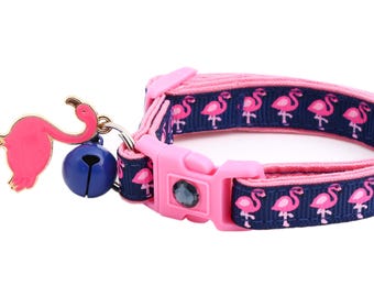 Tropical Cat Collar - Pink Flamingos on Navy - Safety Breakaway - Kitten or Large Size B129D117