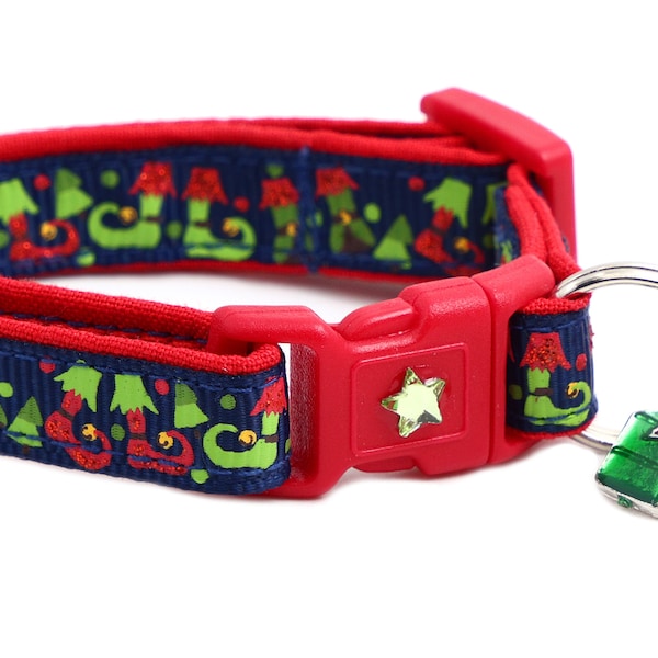 Christmas Cat Collar - Jolly Elf Boots on Navy Blue - Breakaway Safety - B24D75