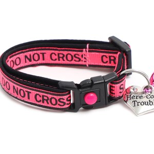 May include: Pink and black cat collar with a black "DO NOT CROSS"  pattern and a silver heart charm that says "Here Comes Trouble".