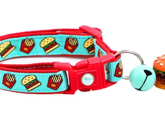 Cheeseburger Cat Collar - Burgers and Fries on Aqua - Breakaway Safety - B122D273