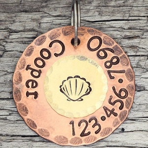 Stamped ID Tag - Nautical Sea Shell - 1" Copper Dog Id Tag - Hand Stamped Cat Id Tag