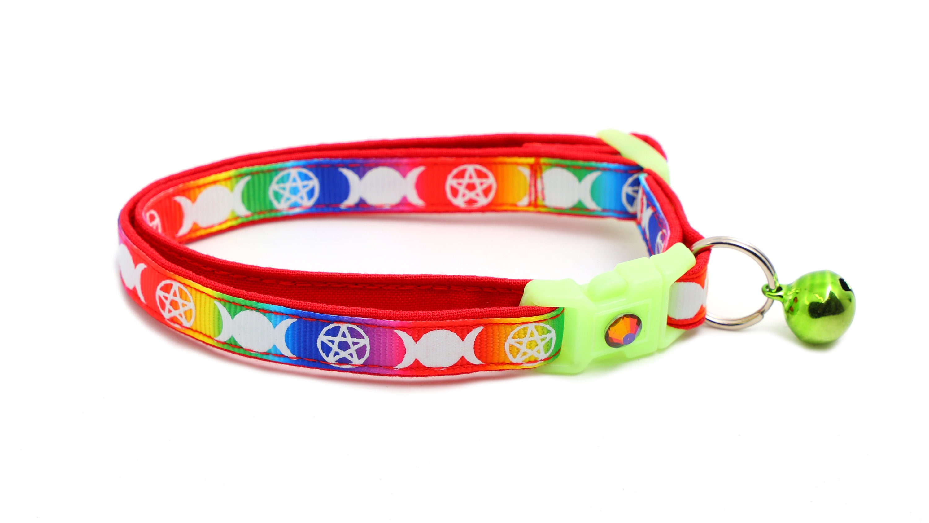 Wicca Katzenhalsband Mit Pentagramm-Anhänger & Glöckchen – Leuchtet Im Dunkeln, Sicherheitsabreißclip, Größe L (ab 4,5 Kg), Schwarz