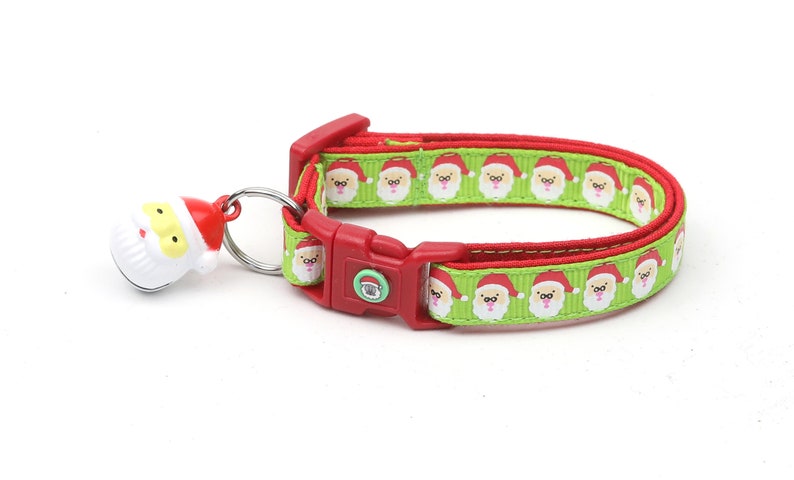 Christmas Cat Collar Jolly Santa Faces on Green Kitten or Large Size B116D48