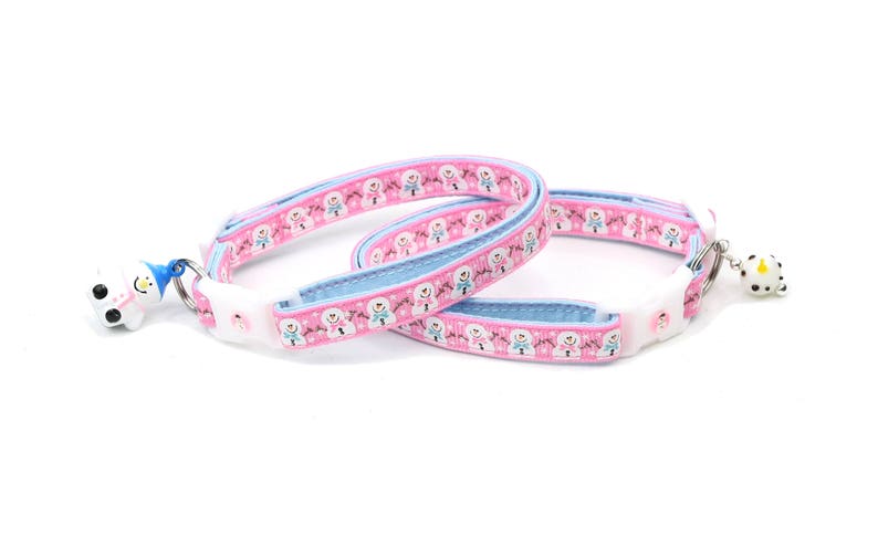 Snow Cat Collar standard Small Cat Kitten or Large Jolly Snowmen on Pink Size Collar B103
