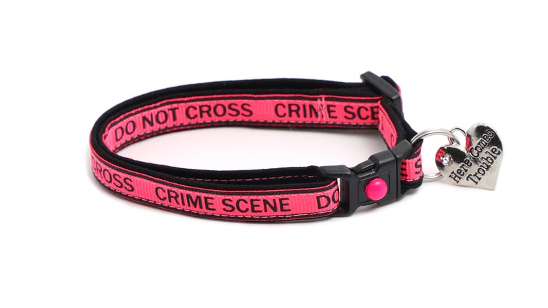 May include: Pink dog collar with black text that reads "Do Not Cross Crime Scene Do Not Cross Crime Scene". The collar has a black buckle and a silver heart-shaped tag that reads "Here Comes Trouble".