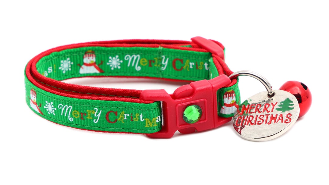 Christmas Cat Collar Merry Christmas Snowmen on Green Breakaway Safety