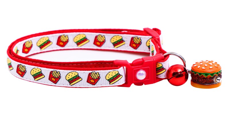 Cheeseburger Cat Collar Burgers and Fries on White Breakaway Safety B23D273 image 6