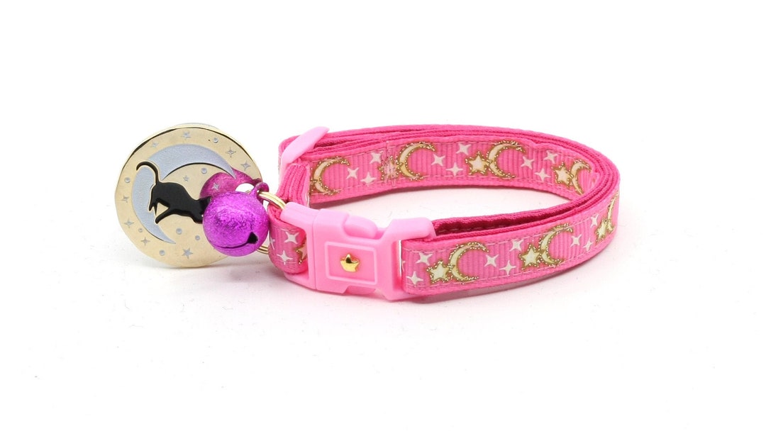 Moon Cat Collar Gold Moons and Stars on Bright Pink Breakaway Cat