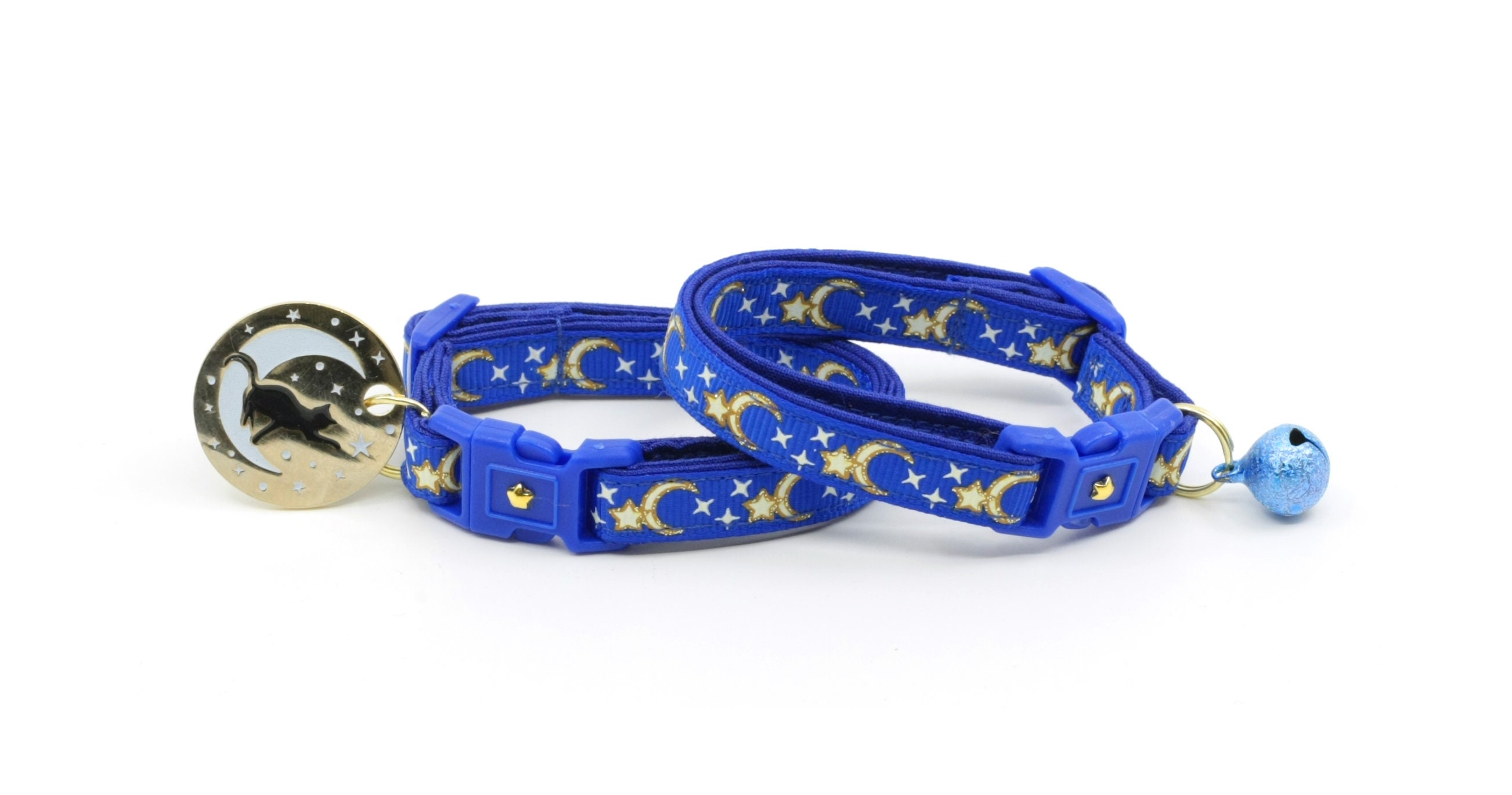 Moon Cat Collar Gold Moons and Stars on Royal Blue Breakaway Cat