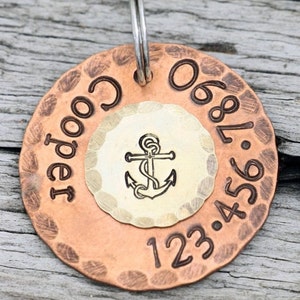 Custom Dog Tag Nautical Anchor 1 Copper Dog ID Tag Hand Stamped Cat Id Tag image 1