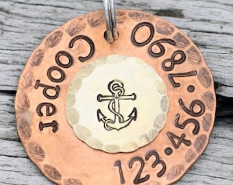 Custom Dog Tag - Nautical Anchor - 1" Copper Dog ID Tag - Hand Stamped Cat Id Tag