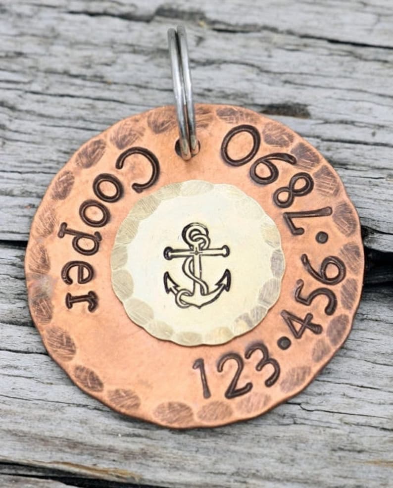 Custom Dog Tag Nautical Anchor 1 Copper Dog ID Tag Hand Stamped Cat Id Tag image 1