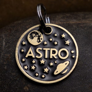 Engraved Celestial Pet ID Tag Personalized for your Cat or Dog 1 Silver or Gold Color Moon, Stars, and Space Name Tag image 2