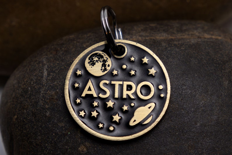 Engraved Celestial Pet ID Tag Personalized for your Cat or Dog 1 Silver or Gold Color Moon, Stars, and Space Name Tag image 2