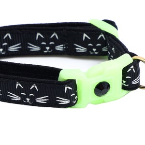 Glow in the Dark Cat Collar - Glowing Cat Faces on Black - Breakaway Safety - B25D285