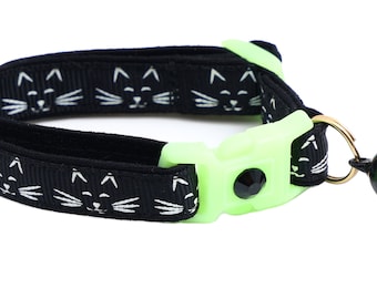 Glow in the Dark Cat Collar - Glowing Cat Faces on Black - Breakaway Safety - B25D285