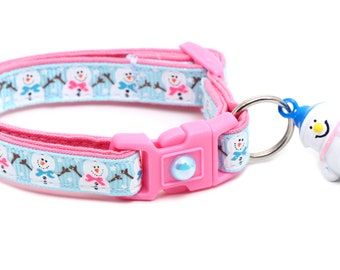 Snow Cat Collar - Jolly Snowmen on Blue - Breakaway Safety - B83D110