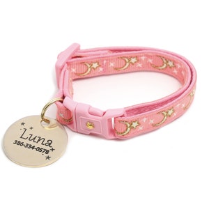 Moon Cat Collar Gold Moons and Stars on Coral Pink Breakaway Cat Collar Kitten or Large size Glow in the Dark B4D204 Customized Charm