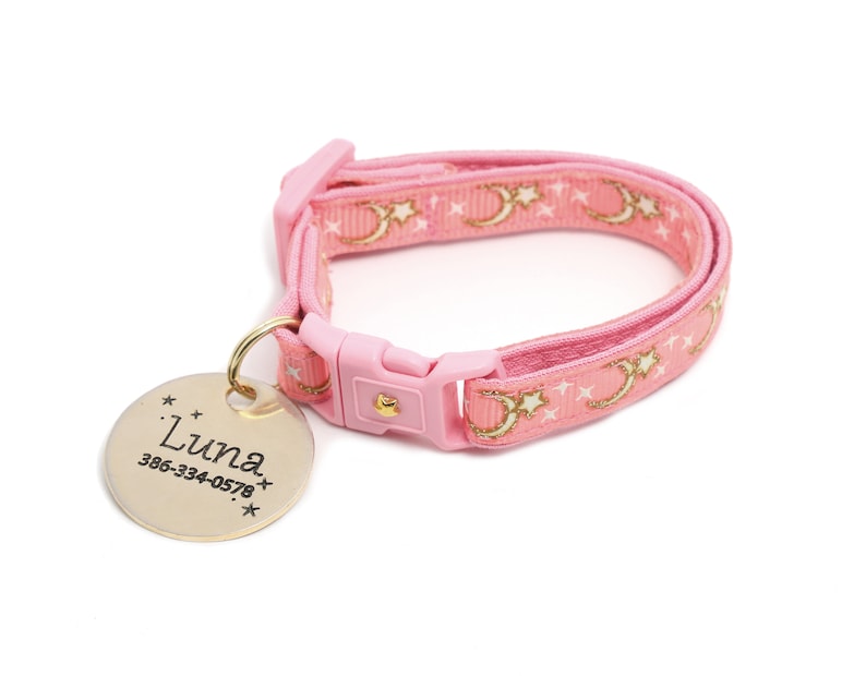 Moon Cat Collar Gold Moons and Stars on Coral Pink Breakaway Cat Collar Kitten or Large size Glow in the Dark B4D204 Customized Charm