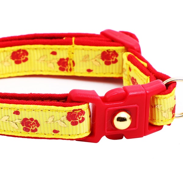 Floral Cat Collar - Red Roses and Gold Stems on Yellow - Breakaway Safety - B22D55